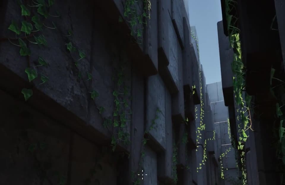 Looking up between two very tall concrete walls covered in ivy